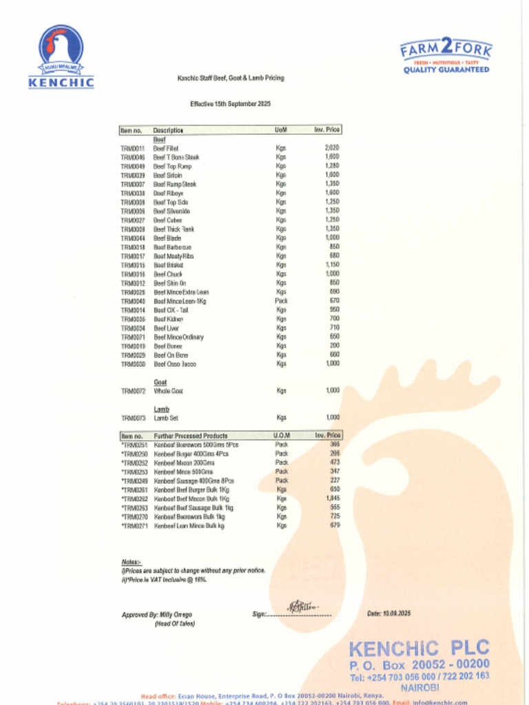 Kenchic Staff Beef, Goat & Lamb PL Sept. 2025 | PDF
