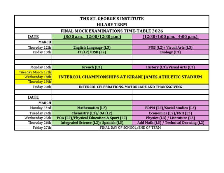 Hilary Term 2026 Mock Exams Time-Table To Print | PDF