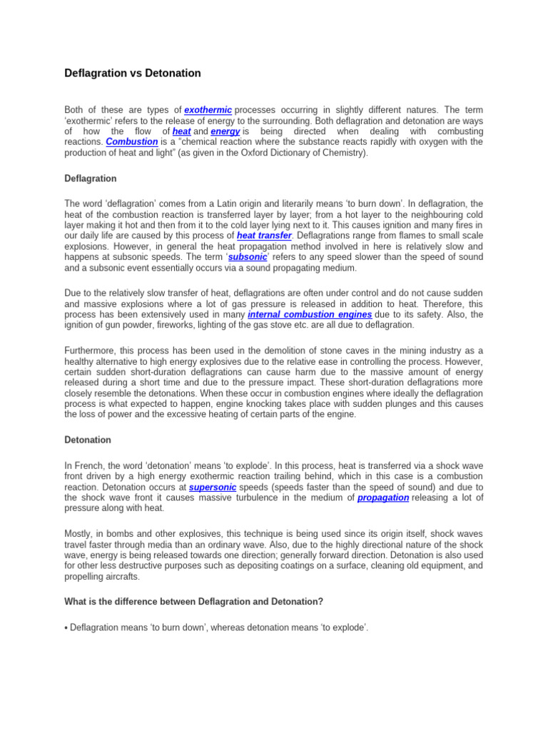 Deflagration Vs Detonation | PDF | Explosion | Shock Wave