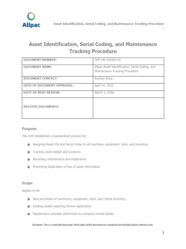 Asset Identification, Serial Coding, and Maintenance Tracking Procedure ...