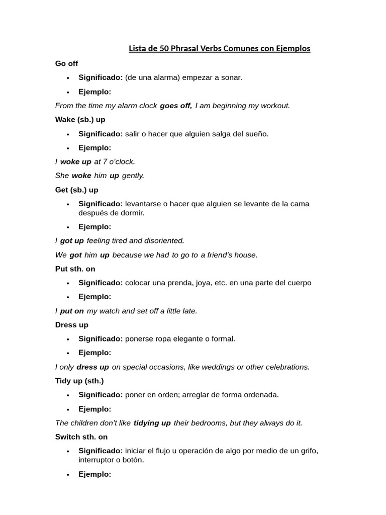 Lista de 50 Phrasal Verbs Comunes Con Ejemplos | PDF