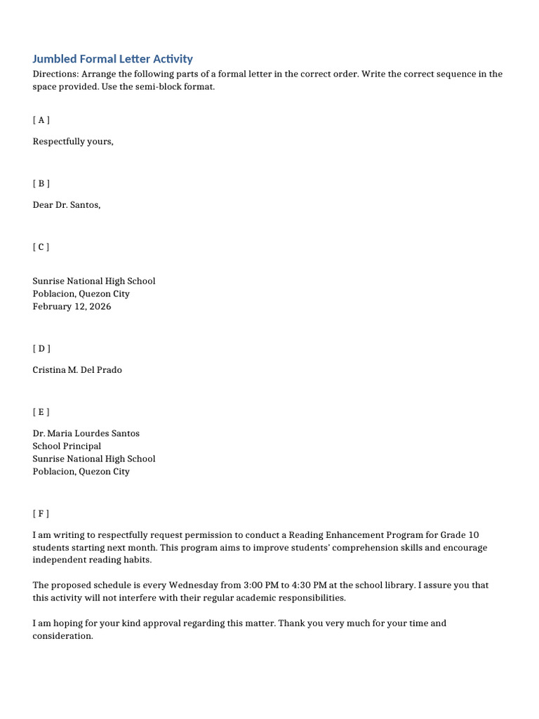 Jumbled Formal Letter Activity | PDF