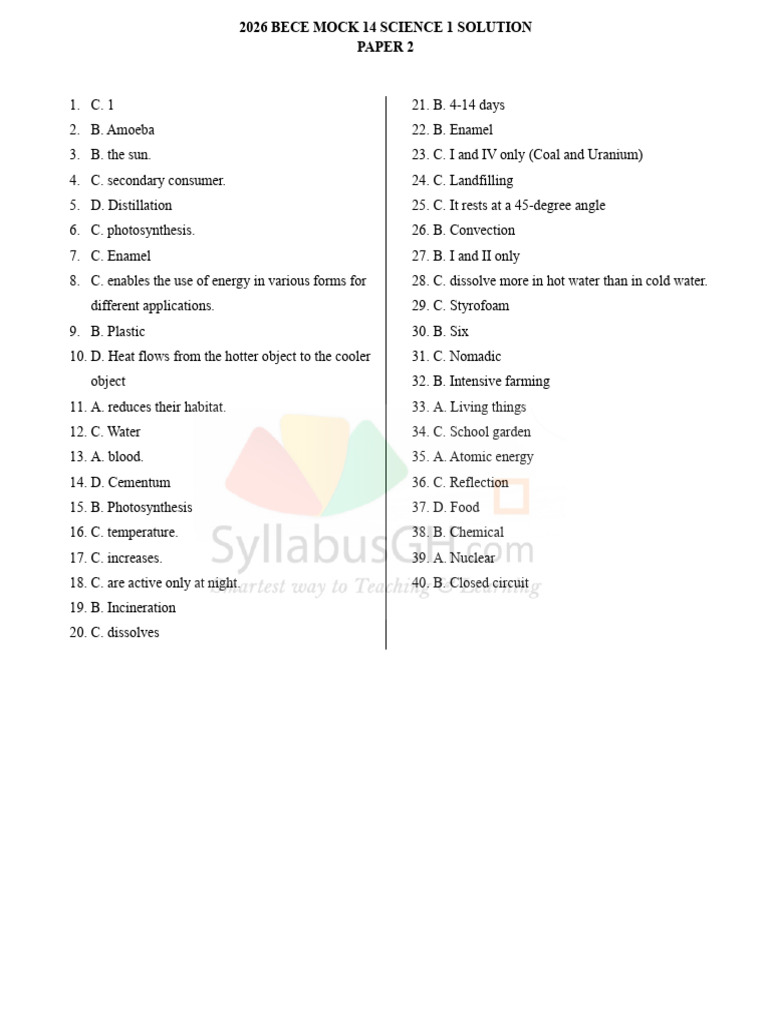 2026 Bece Mock 14 Science 1 Solution | PDF