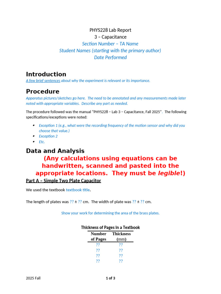 PHYS228 Lab 3 Report Template - Capacitance | PDF | Capacitance | Capacitor