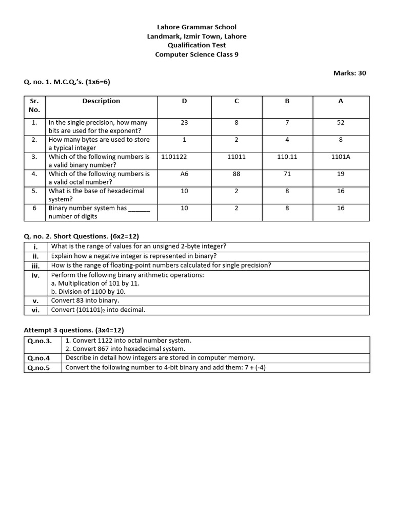 Class 9 Computer - Qualification Test | PDF