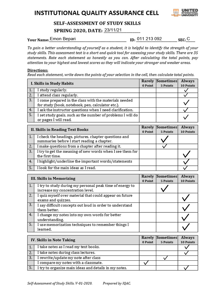 SA# 2 - Self Assessment On Study Skills. Completedpdf | PDF | Study ...