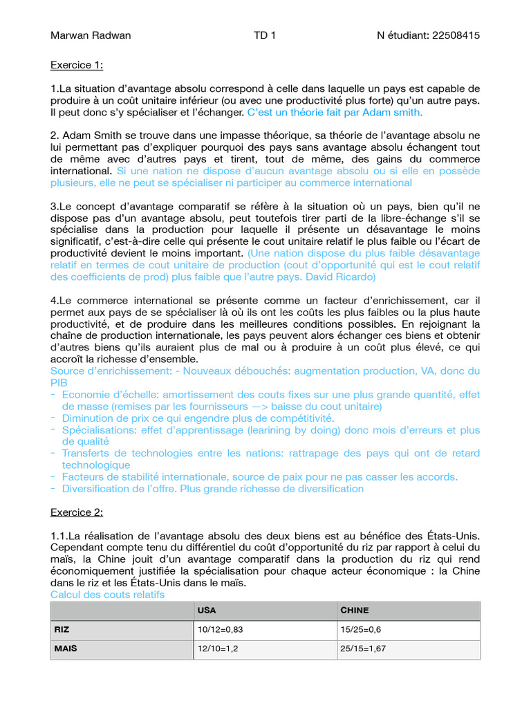TD1 Commerce Internationnal Avec Correction | PDF | Avantage comparatif ...