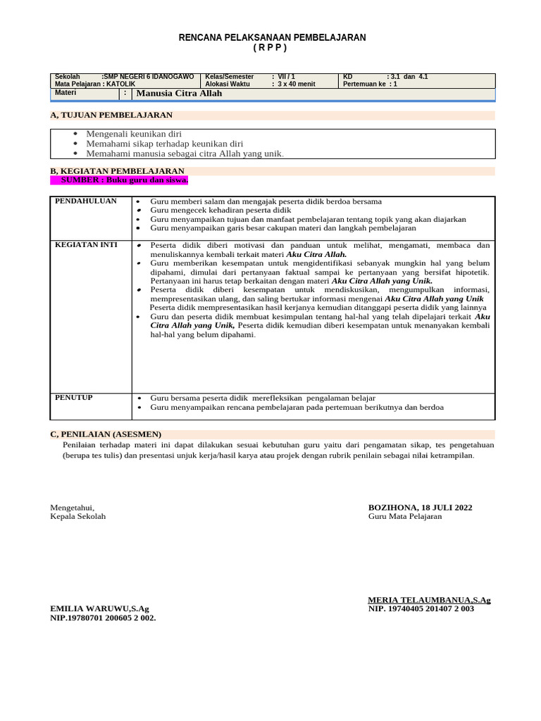 RPP Daring Agama Katholik Kelas 7 Full Semester | PDF