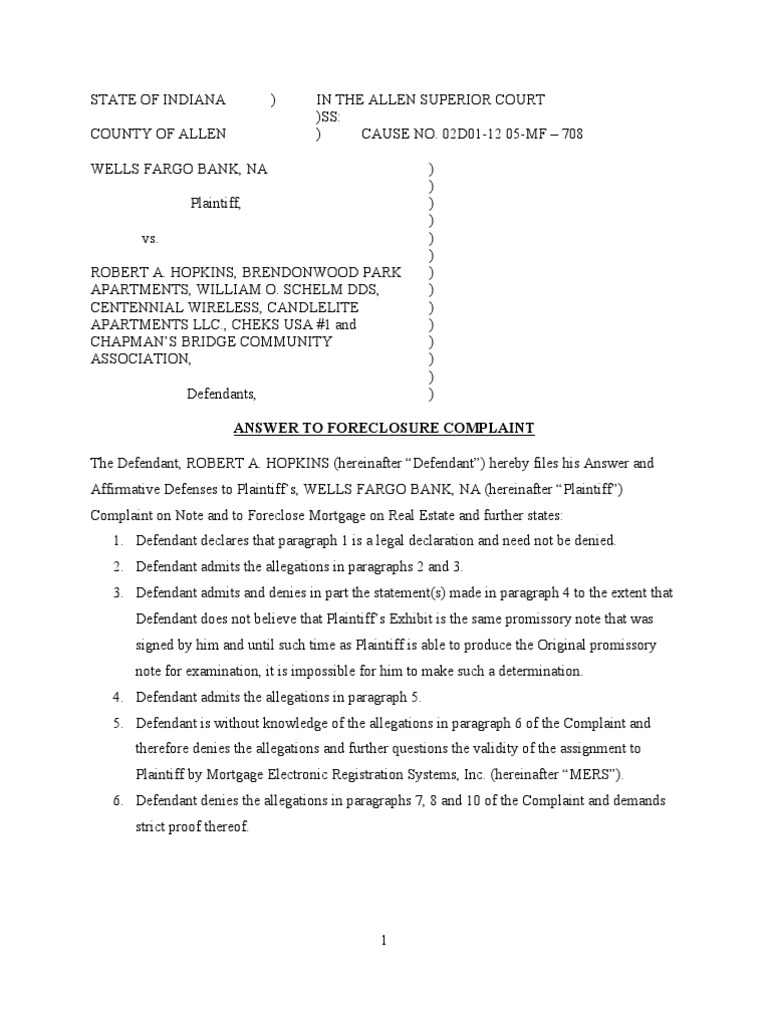 Answer To Foreclosure Complaint | Download Free PDF | Truth In Lending ...
