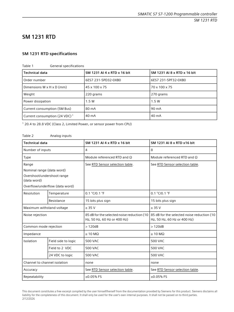 SIMATIC S7 S7-1200 Programmable Controller - SM 1231 RTD | PDF ...