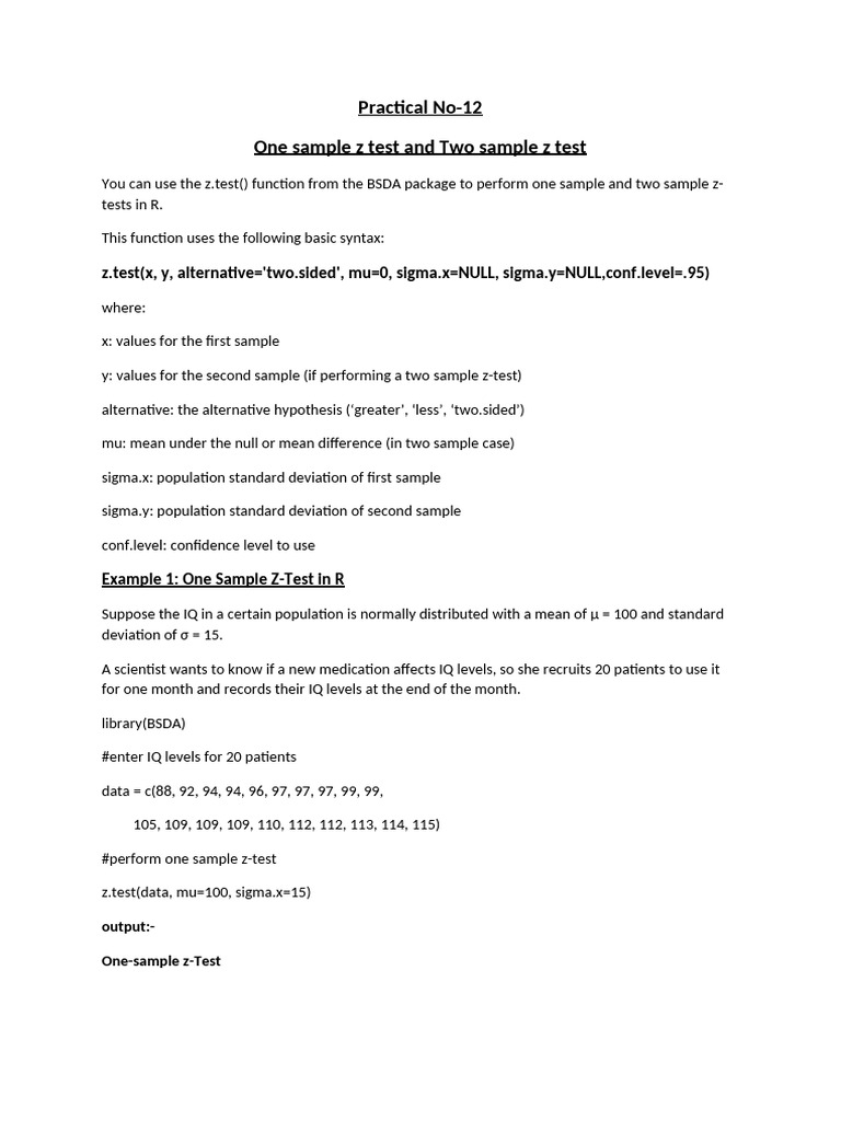 Practical No-12 One Sample Z Test and Two Sample Z Test | PDF ...