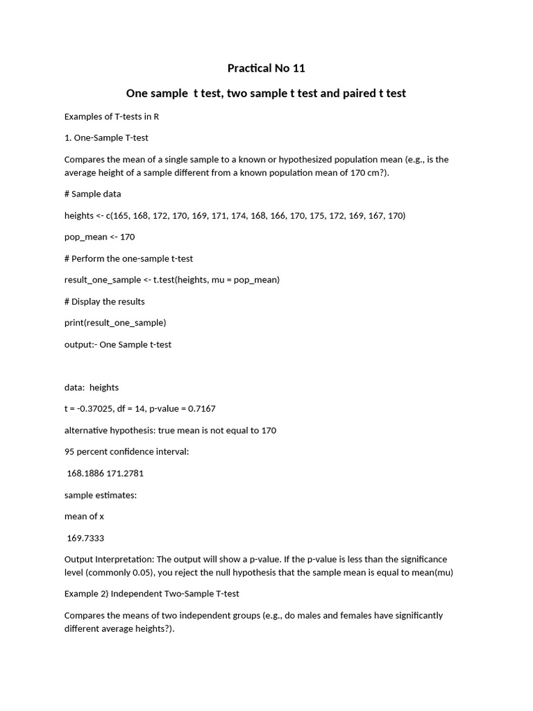 Pracical No.11 One Sample T Test, Two Sample T Test and Paired T Test ...