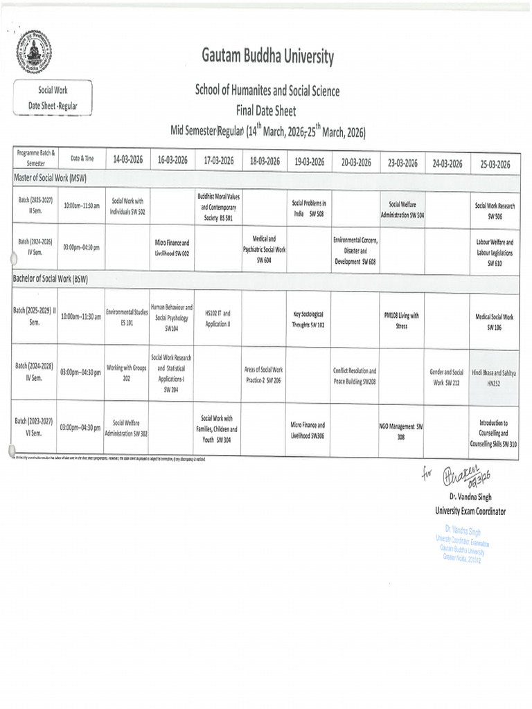 HSS Date Sheet Mid Sem March 2026 | PDF