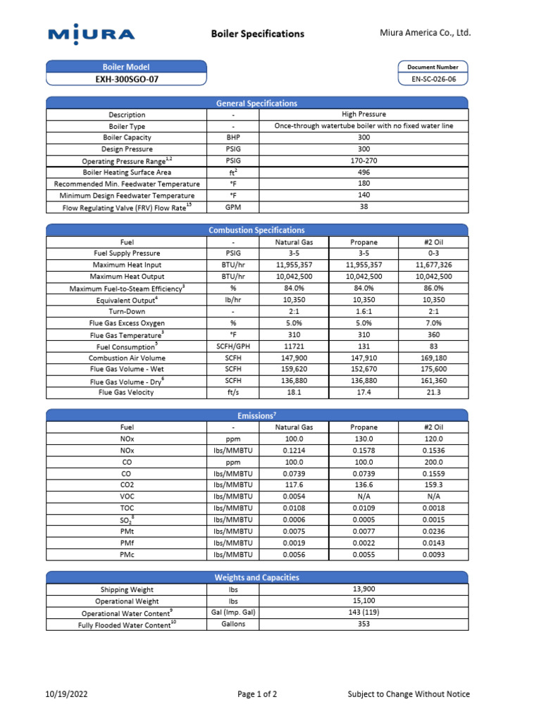 EXH-300SGO-07 Boiler Specification Sheet | PDF | Boiler | Combustion