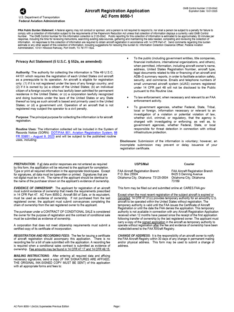 AC Form 8050-1 Registration | PDF | Federal Aviation Administration ...