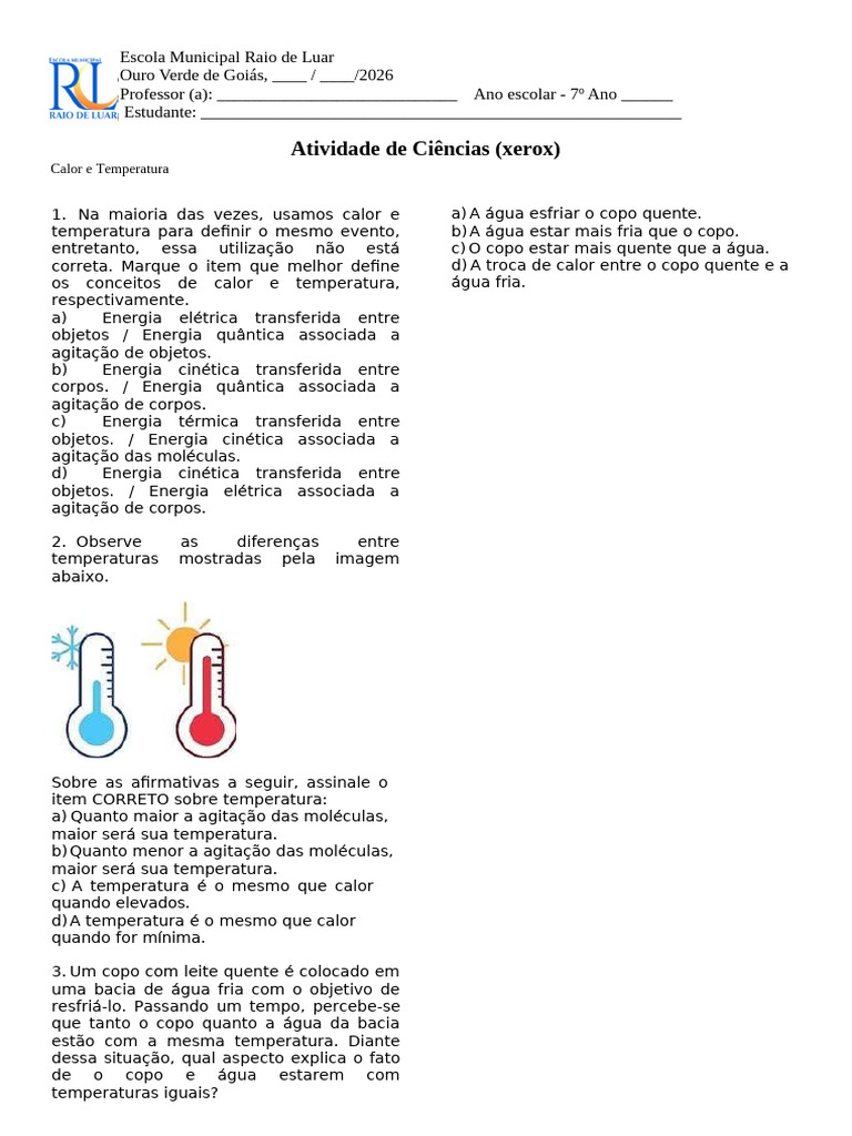 Atividade Ciências 7 Ano 1 Semana de Março | PDF | Calor | Temperatura