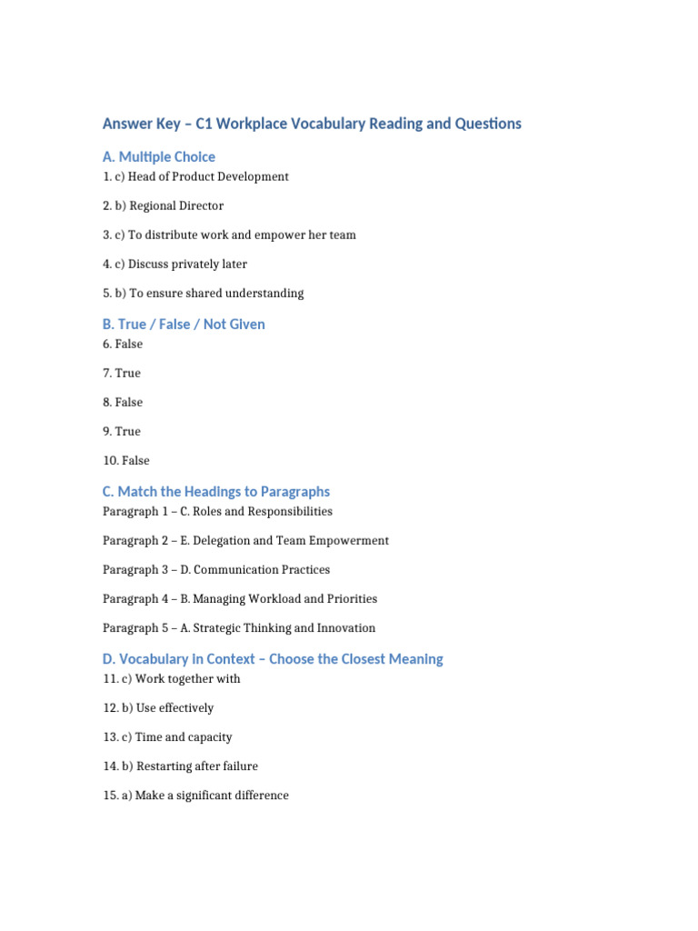 Answer Key C1 Workplace Vocabulary Reading | PDF