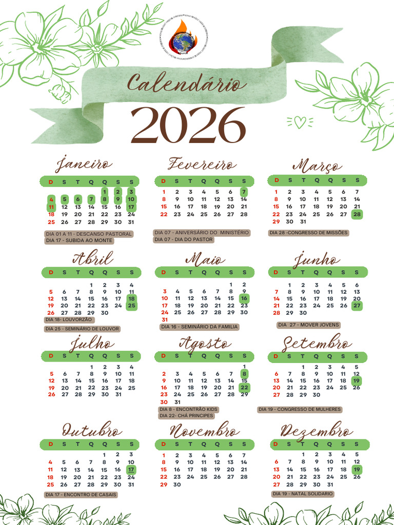Marrom Claro Calendário Floral 2026 A4 | PDF
