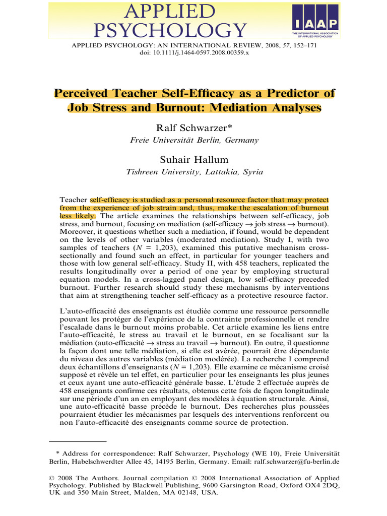 Self Efficacy & Stress and Burnout | PDF | Self Efficacy | Occupational ...