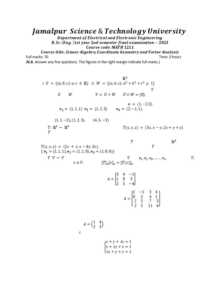EEE Linear Algebra, Geometry and Vector Analysis Q (3) (2024-25) | PDF ...