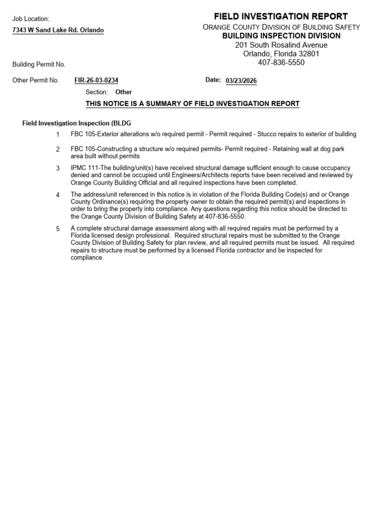 OC Field Investigation Report - 3-23-26 | PDF | Building Code ...