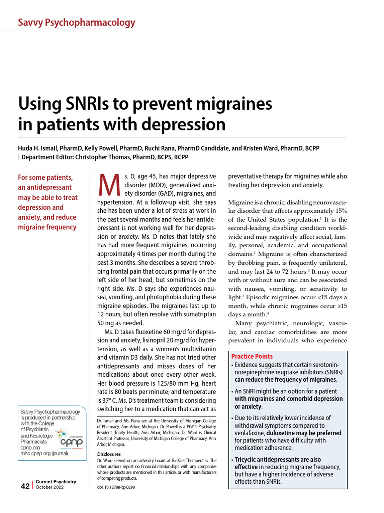 SNRI To Prevents Migraines | PDF | Migraine | Major Depressive Disorder
