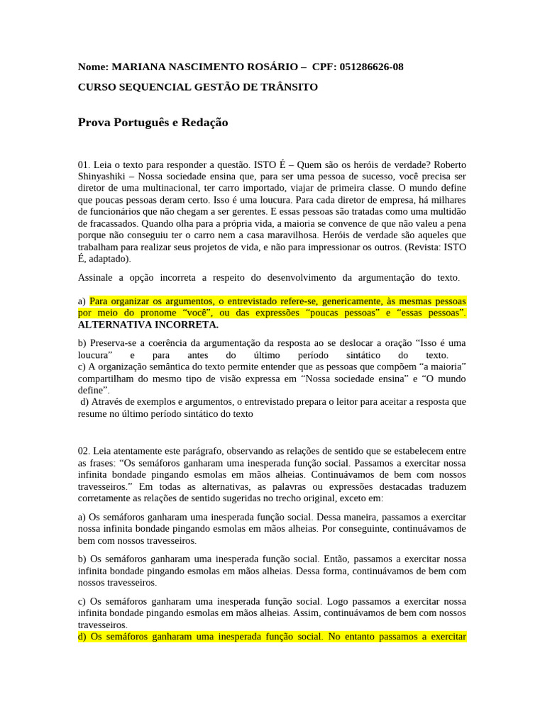 04 - Prova Portugues e Redacao - Mariana Nascimento Rosário (GT) | PDF ...