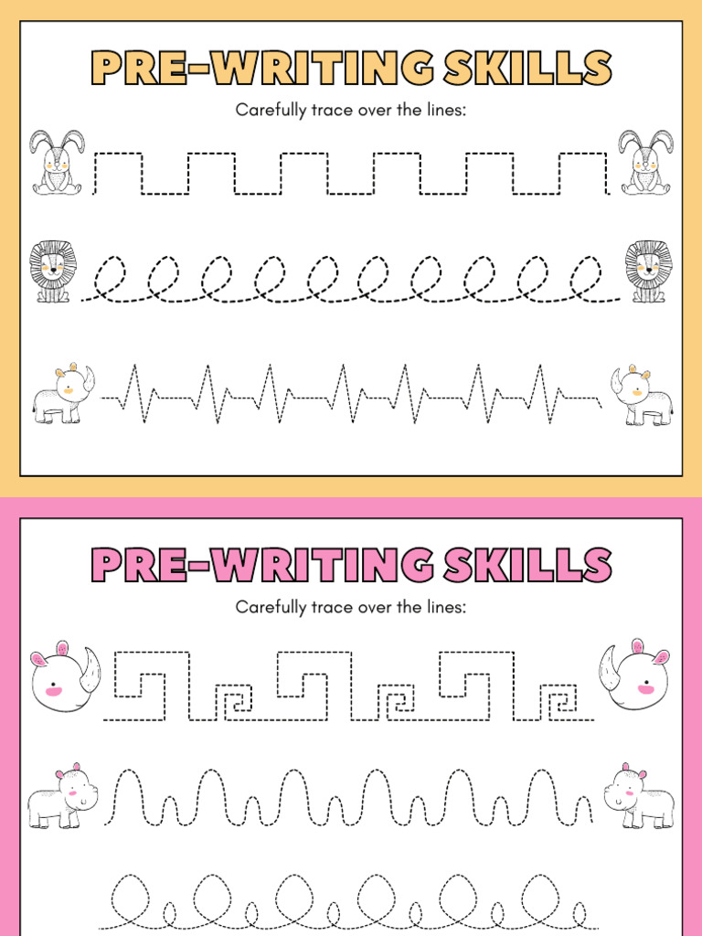Pre-Writing Skills Tracing Worksheets in Colorful Wild Animal Cartoon ...