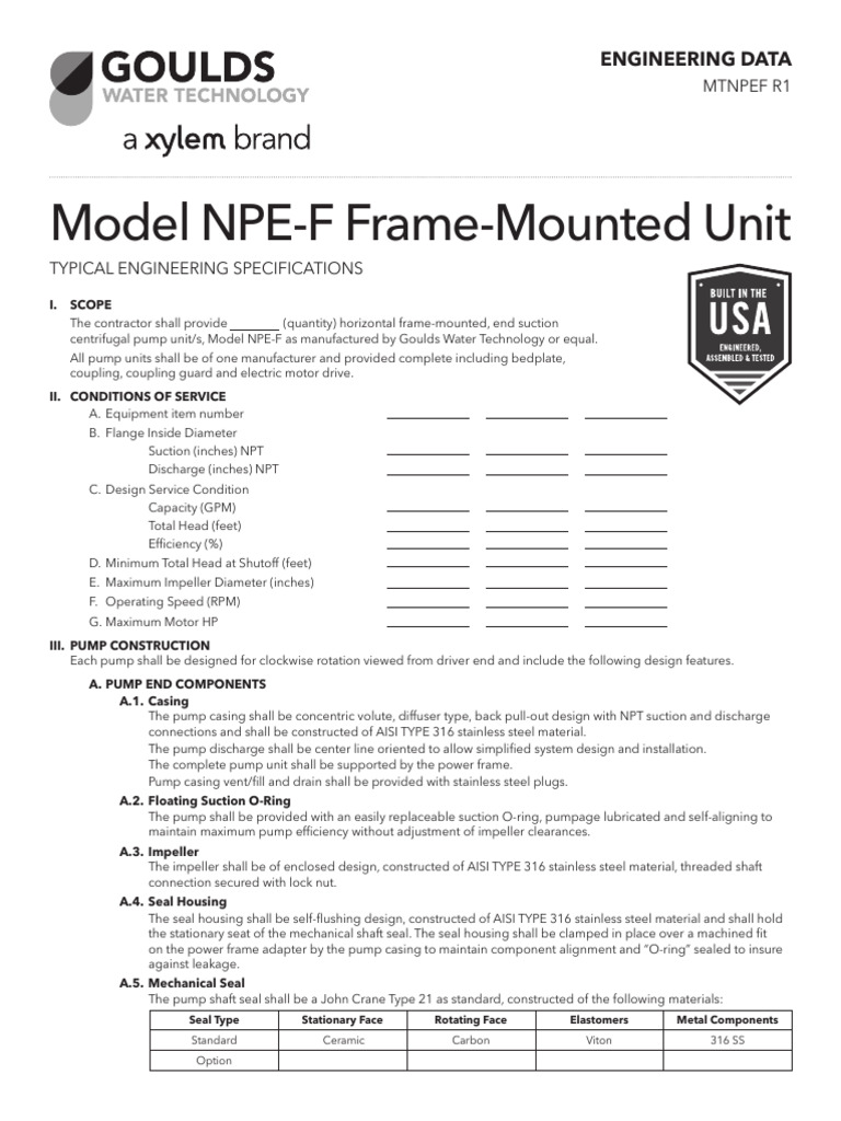GL Goulds Model NPE Typical Engineering Specifications MTNPEF R1 | PDF ...