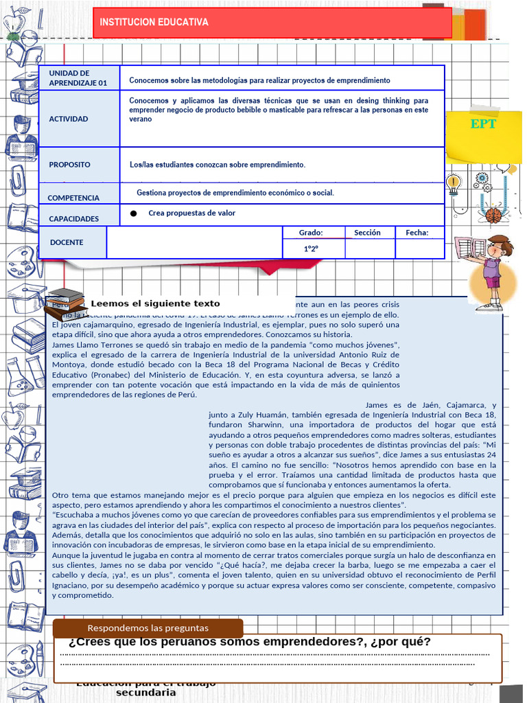 Ficha de Actividad S1 (U1) Ciclo VI (1°2°) - EPT | PDF | Iniciativa ...