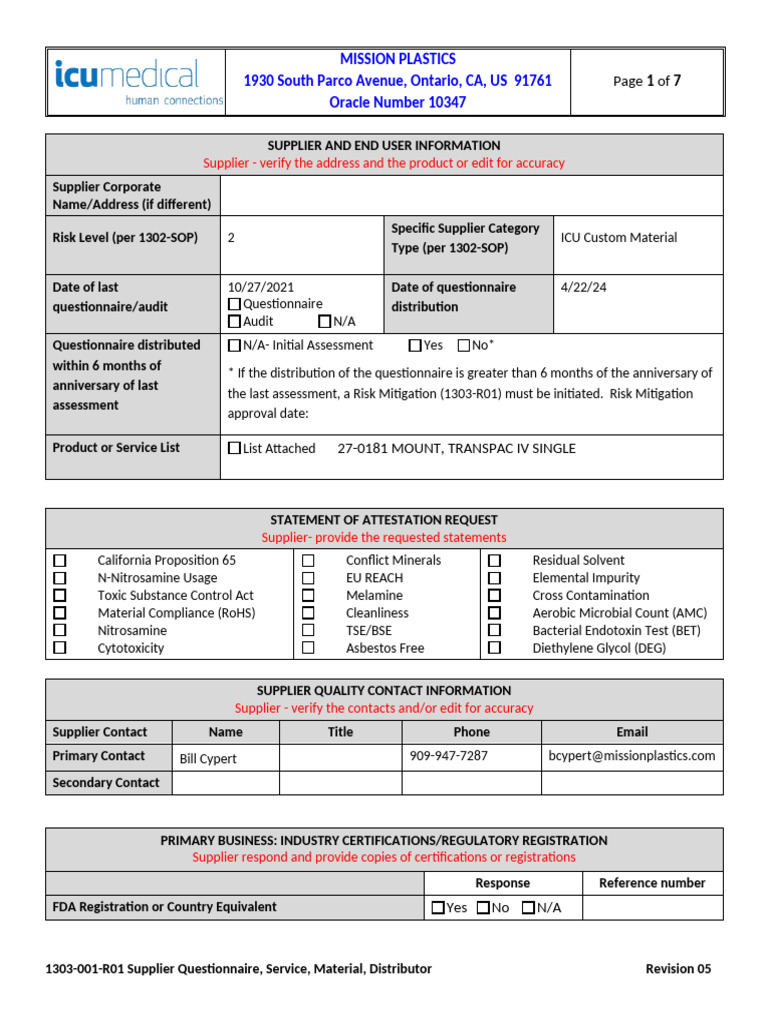 1303-001-R01 Supplier Questionnaire For MISSION PLASTICS - 240514 | PDF ...