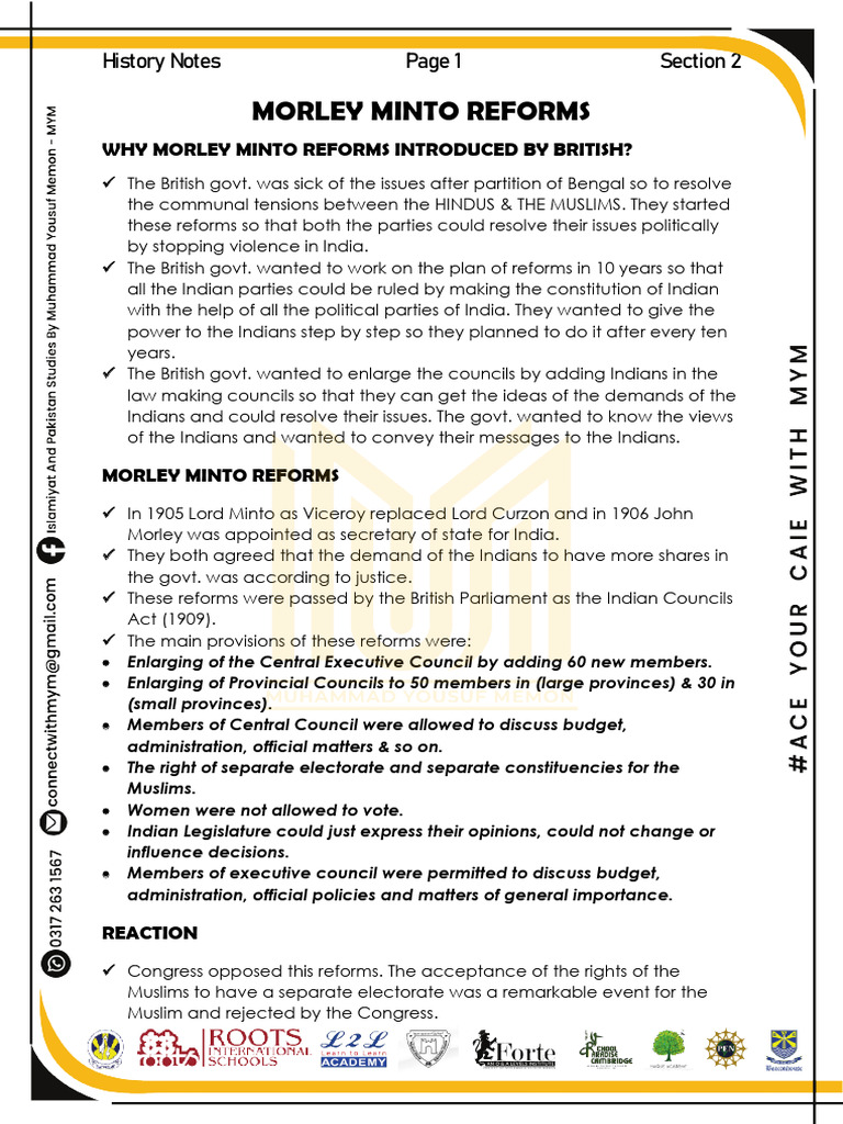Morley Minto Reforms Notes and Solved Past Papers 2023-24 | PDF