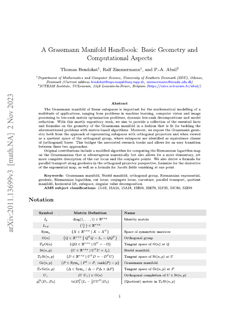A Grassmann Manifold Handbook | PDF