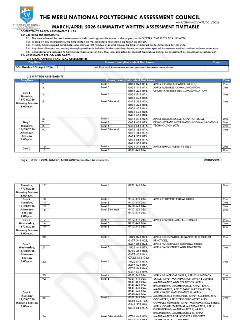 Draft - MNP March 2026 Summative Written Assessment Timetable | PDF ...