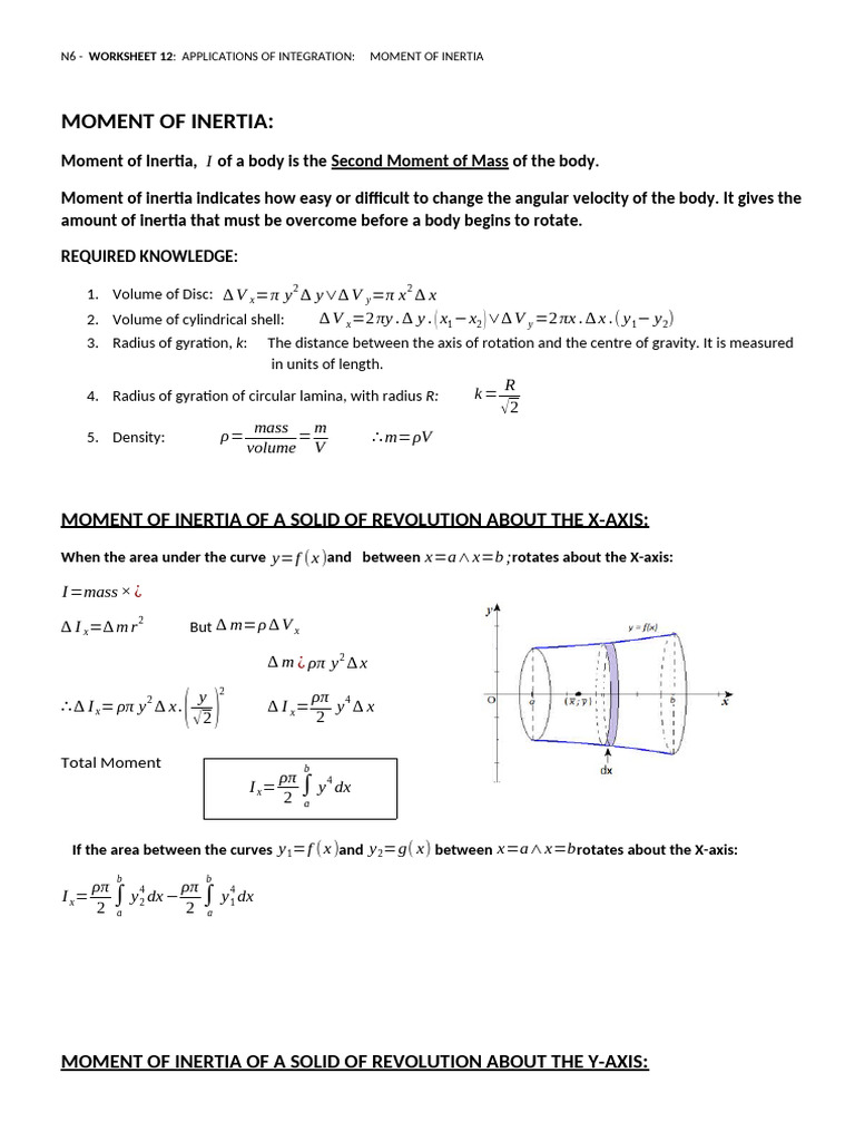 WORKSHEET 12 and 13 MOMENT OF INERTIA and ARC LENGTH AND SURFACE AREA ...