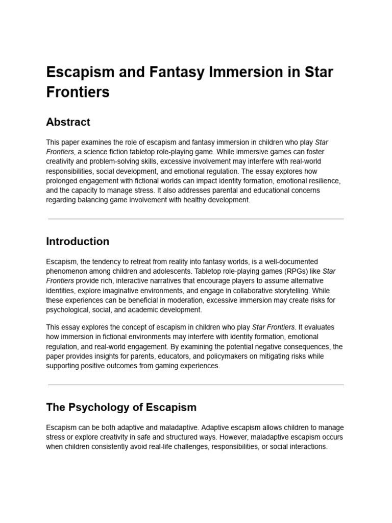 Escapism and Fantasy Immersion in Star Frontiers | PDF | Psychological ...