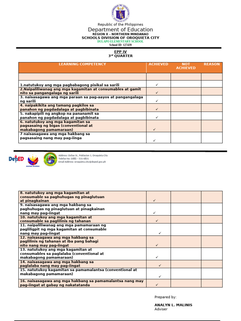 EPP 4 Matatag Curriculum Achieved Competency For 3rd Quarter | PDF