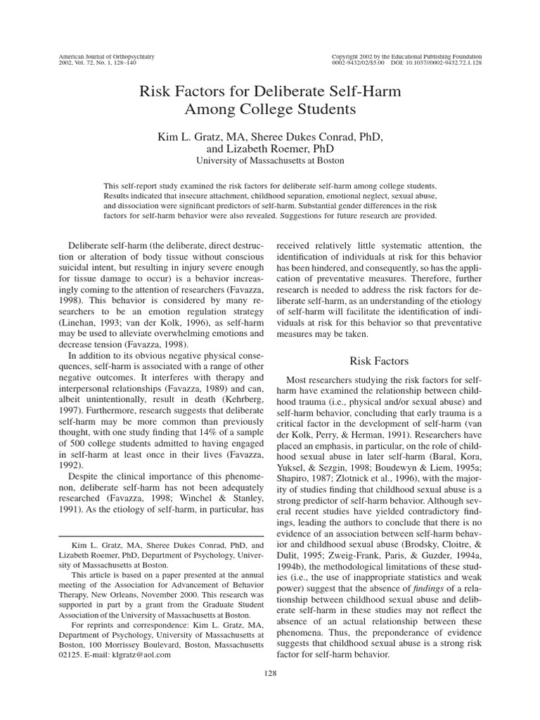 Risk Factors For Deliberate Self-Harm Among College Students | PDF ...