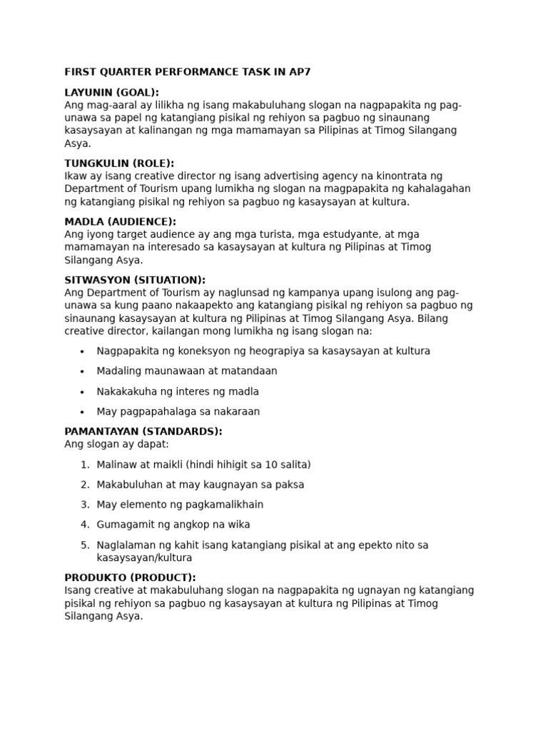 First Quarter Performance Task in Ap7 | PDF