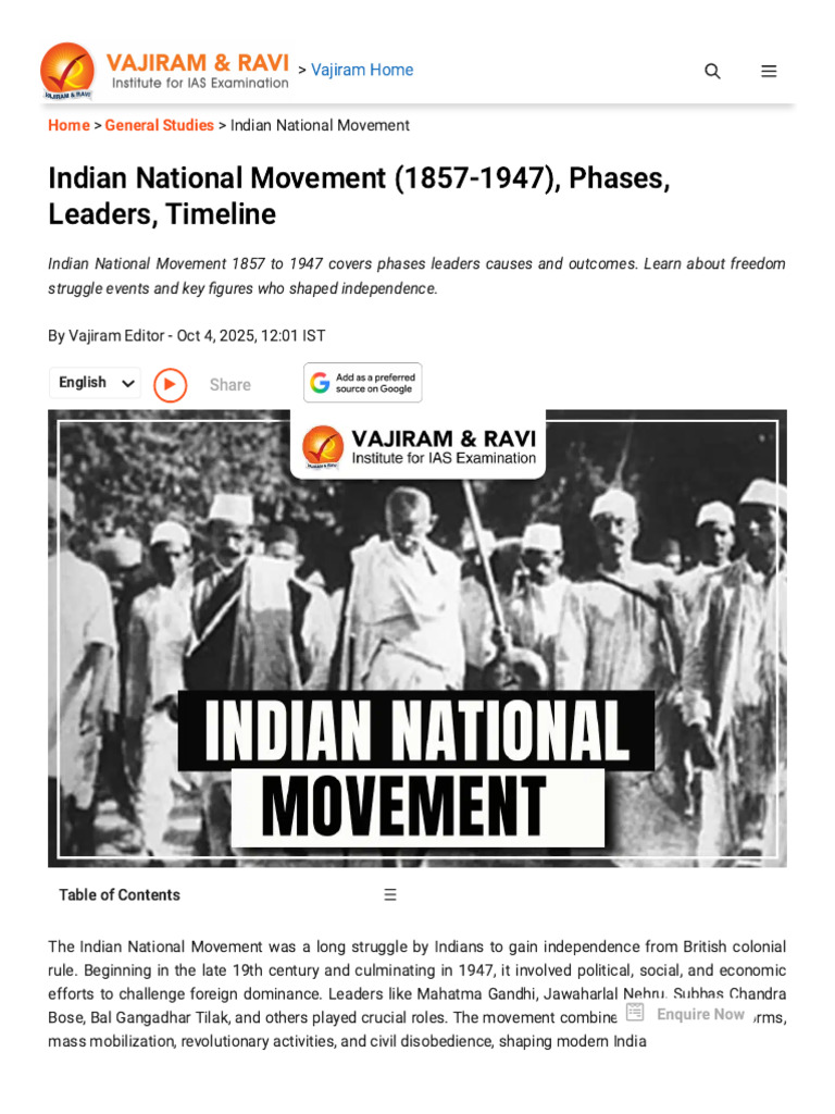 Indian National Movement (1857-1947), Phases, Leaders, Timeline | PDF ...