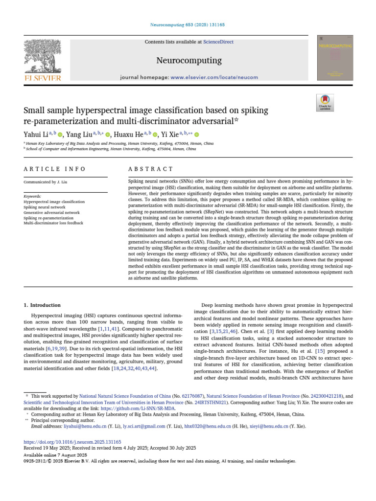 Small Sample Hyperspectral Image Classification Based On Spiking Re ...