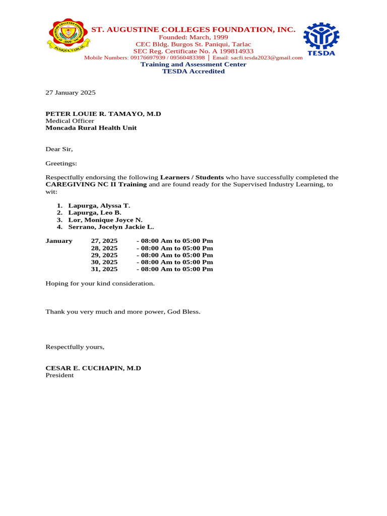 Moncada RHU Letter For OJT | PDF | Vocational Education | Career And ...