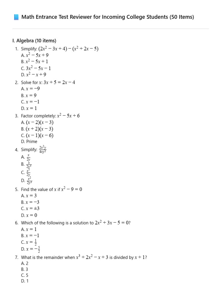 Math Entrance Test Reviewer | PDF | Trigonometric Functions | Mathematics