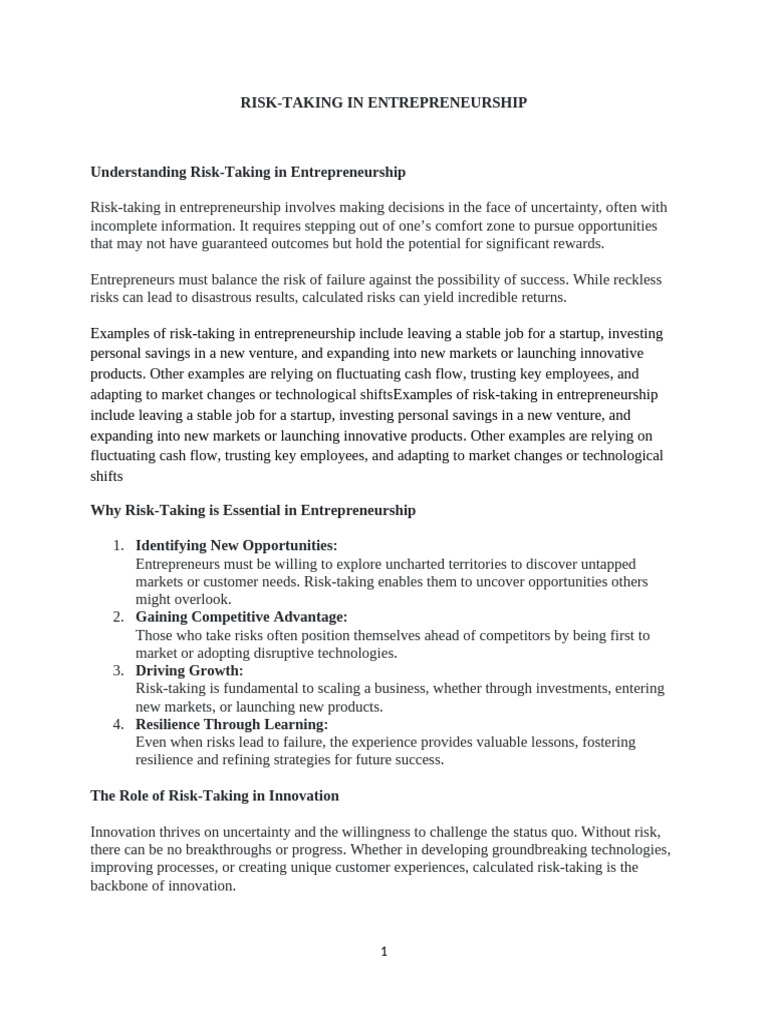 Role of Risk-Taking | PDF | Entrepreneurship | Risk