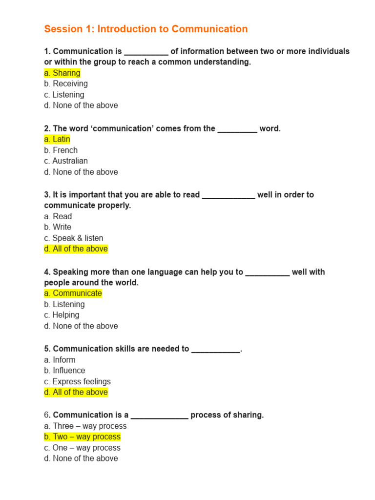 Unit 1 - Communication Skills (MCQ) | PDF | Communication | Part Of Speech