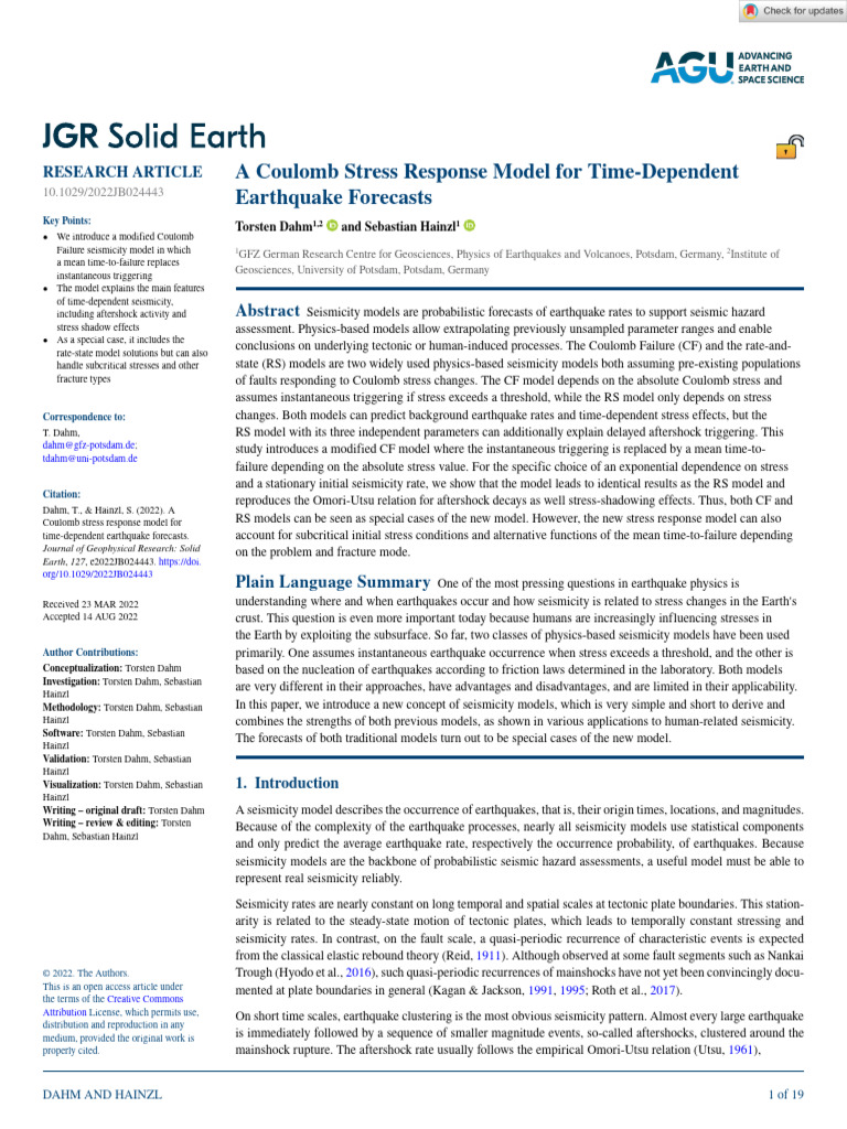 JGR Solid Earth - 2022 - Dahm - A Coulomb Stress Response Model For ...