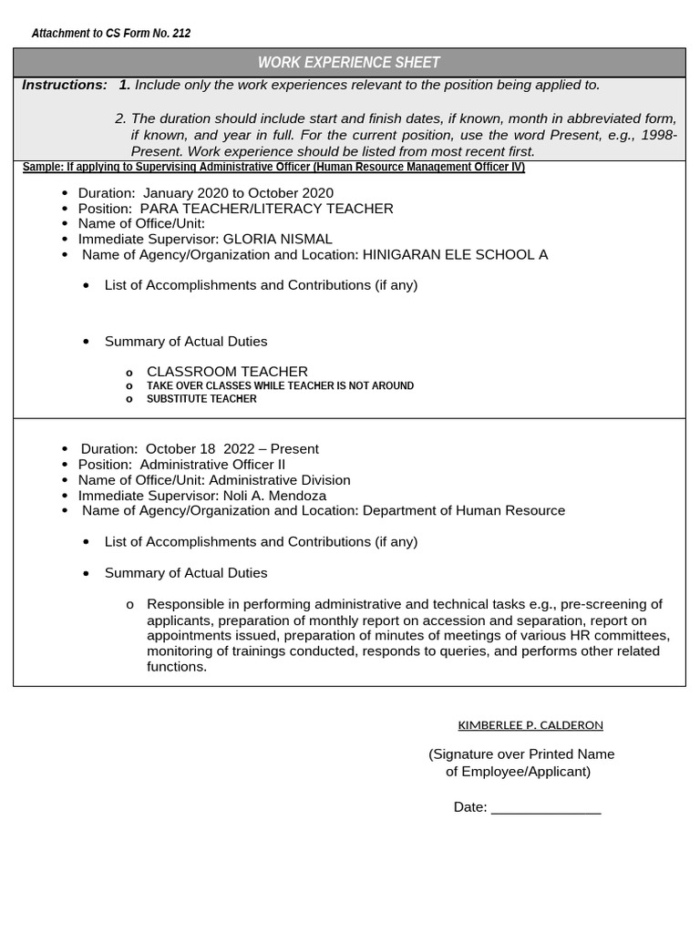 ANNEX H-2 - CS Form No. 212 Attachment - Work Experience Sheet | PDF
