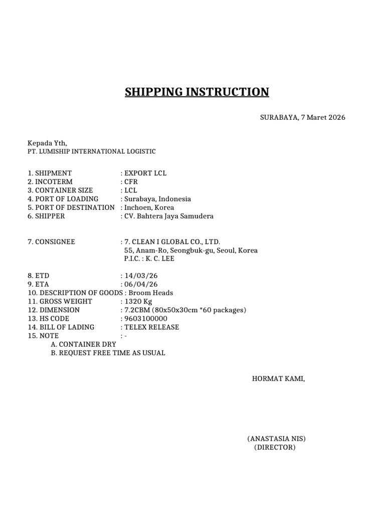 Format Shipping Instruction | PDF