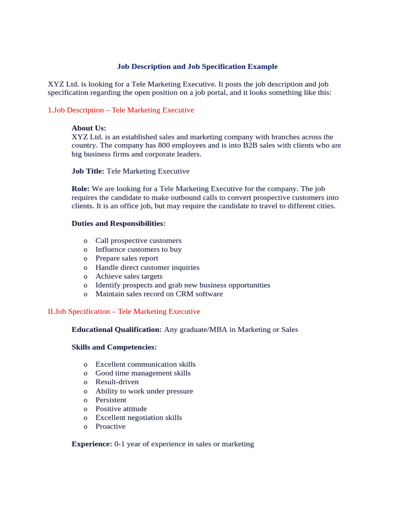 Job Description and Job Specification Example | PDF