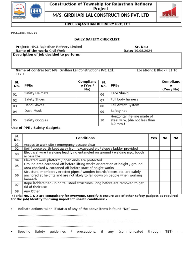 Daily Safety Checklist | PDF | Occupational Safety And Health | Safety